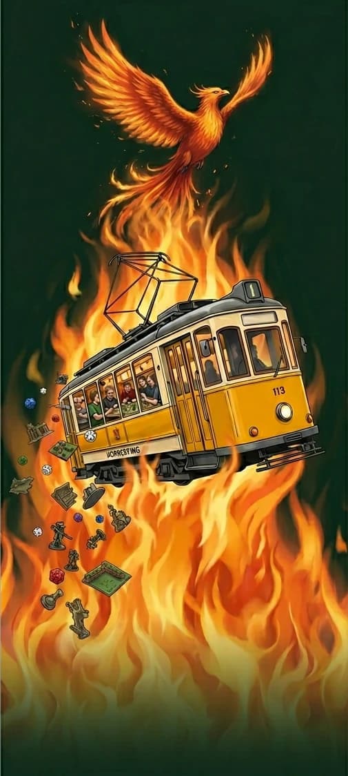 Image of a tram from Norrköping, flying throught the flames of a rising phoenix.